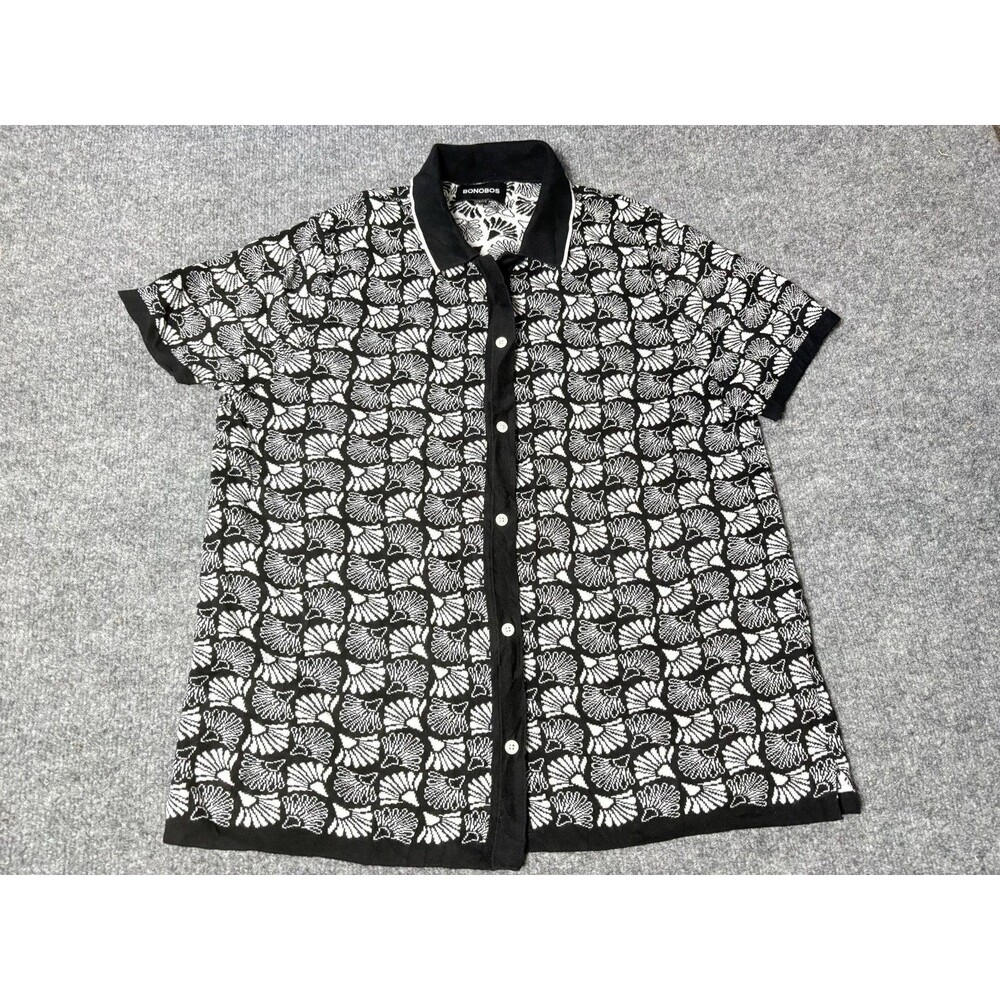 Bonobos Shirt Mens L Black White Short Sleeve Knit Shell Button-Up Cotton Casual